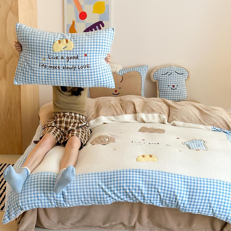 Children's bedding set with quilted cozy blanket, plush decorative pillow, and vichy check trim — product view 2