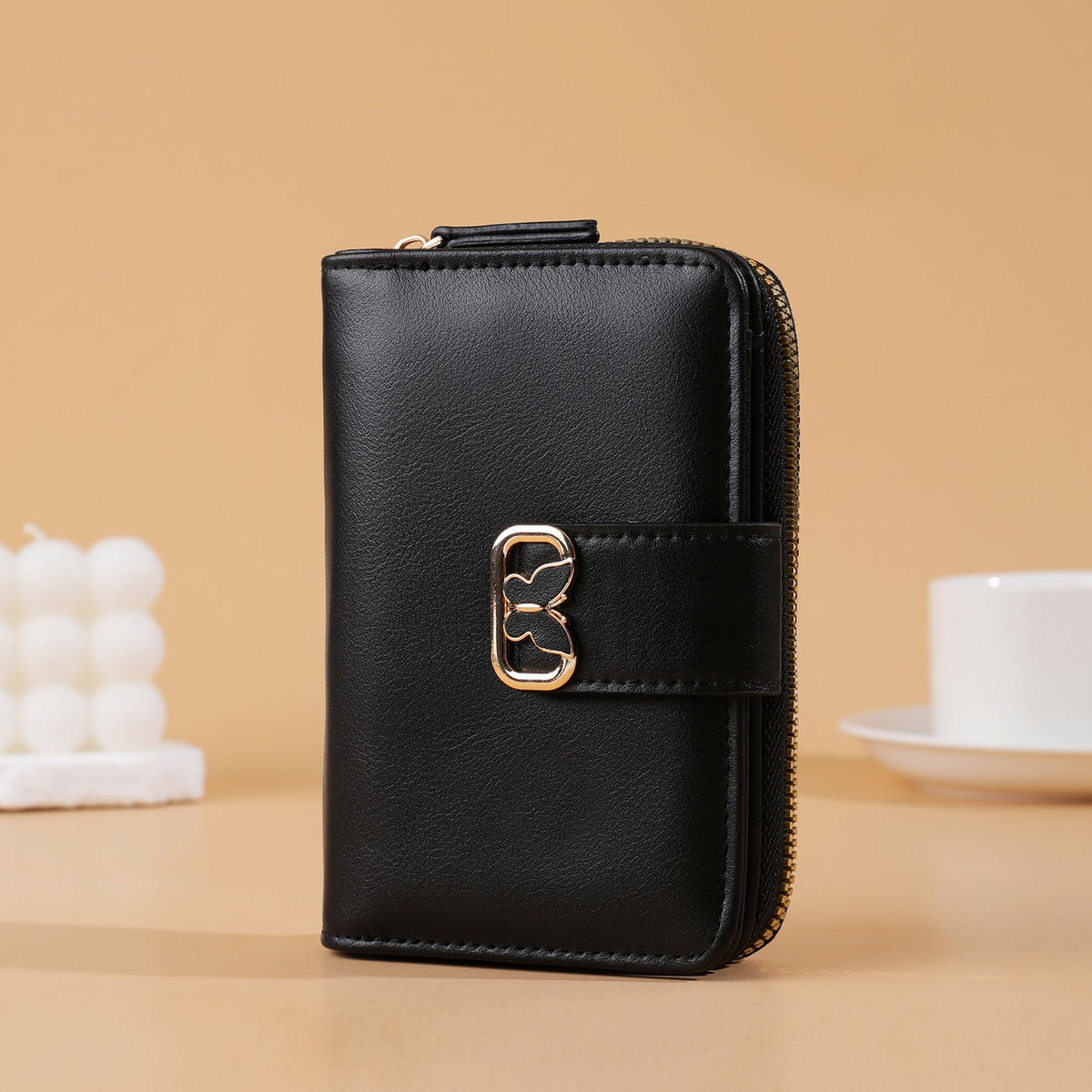 Compact Zip-Around Faux Leather Long Wallet with Butterfly Clasp LoungeYard — product view 7