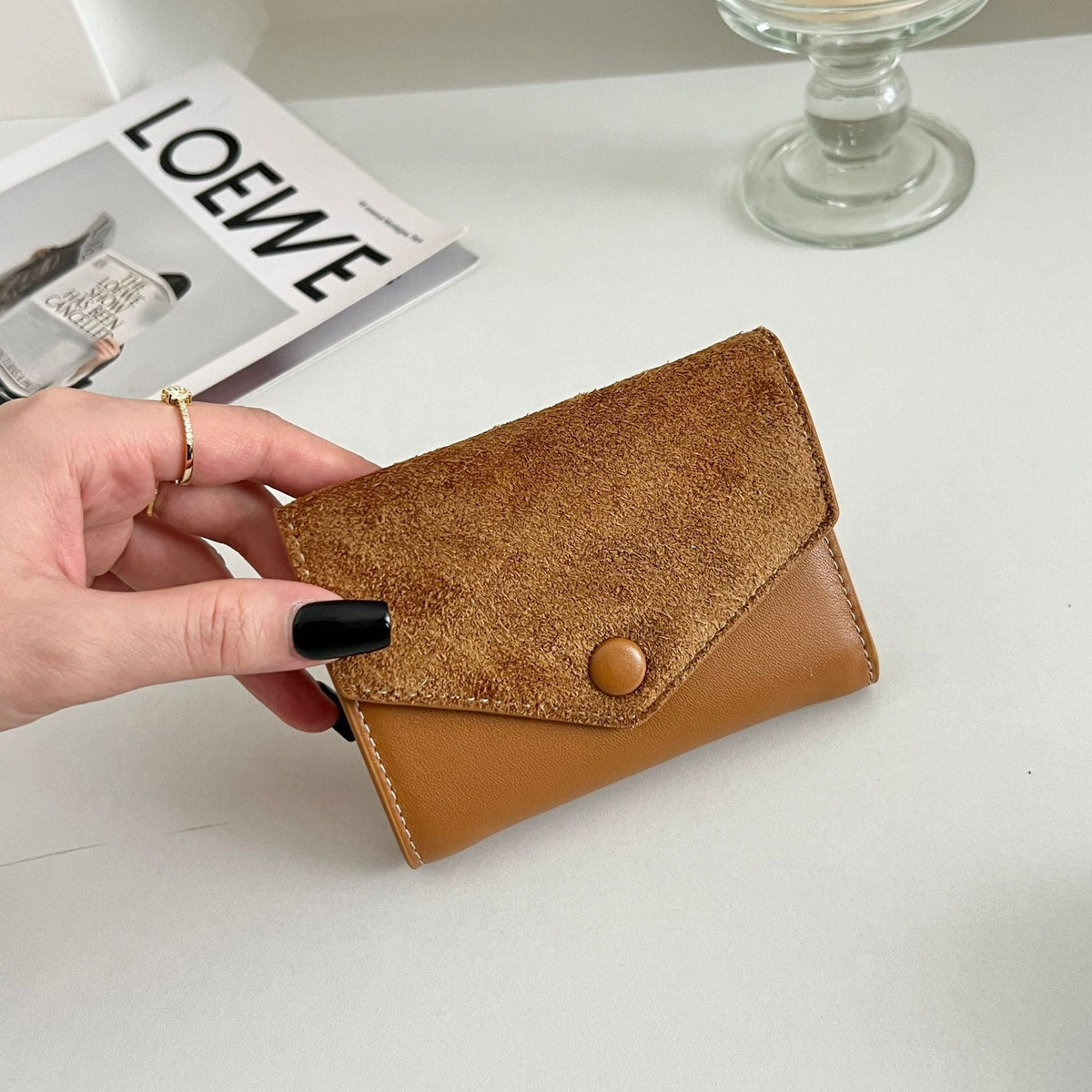 Compact Suede-Trim Leather Card Wallet LoungeYard — product view 4