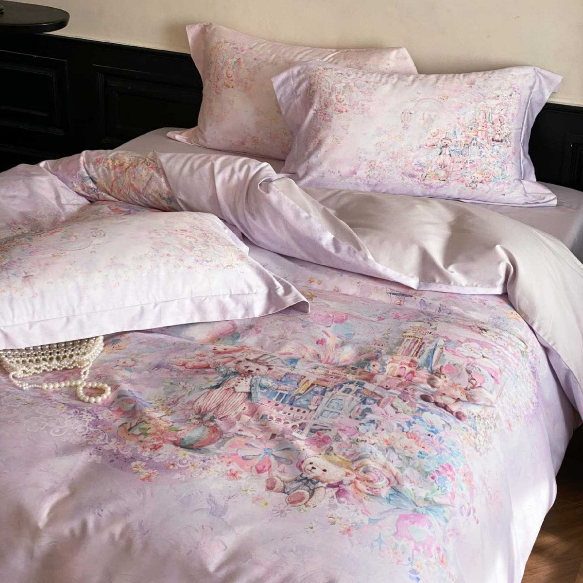 delicate cotton satin bedding set with a fairy-tale watercolor design — product view 6