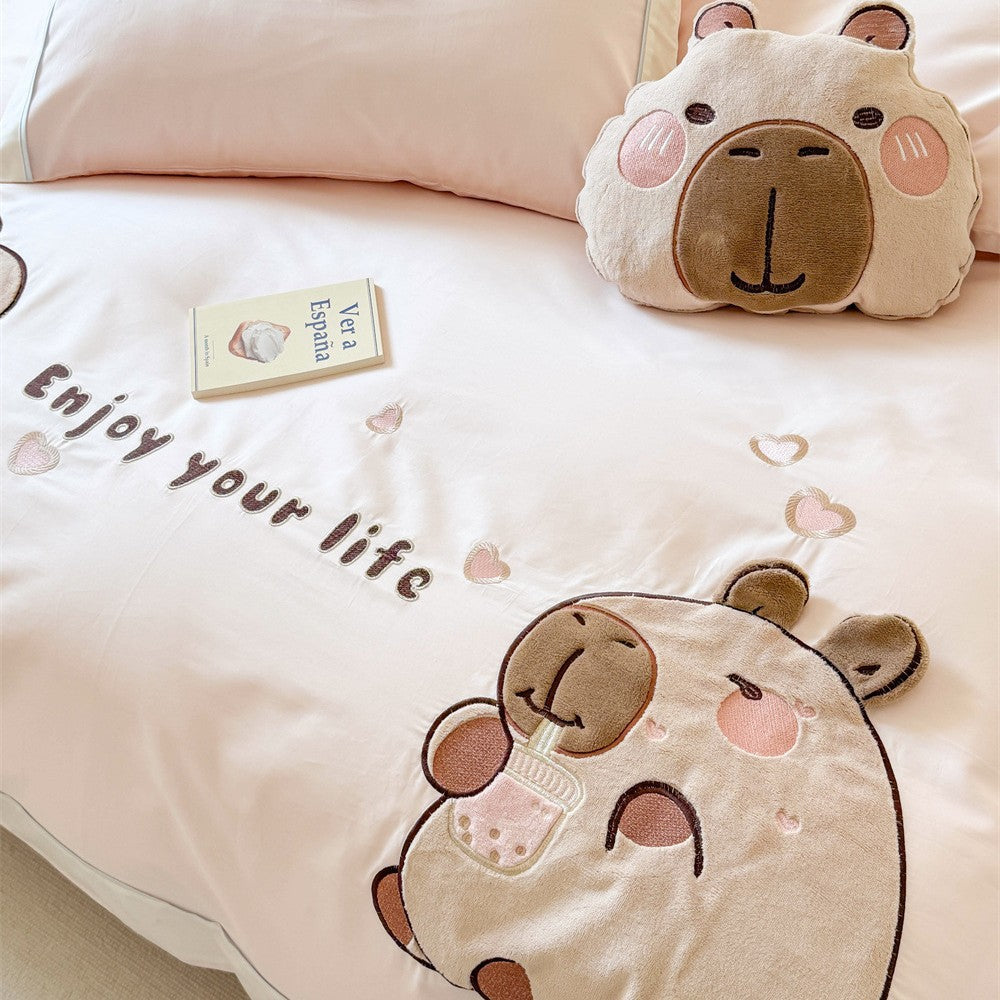Kawaii bedding set with appliquéd plush bears and breathable cotton satin — product view 4