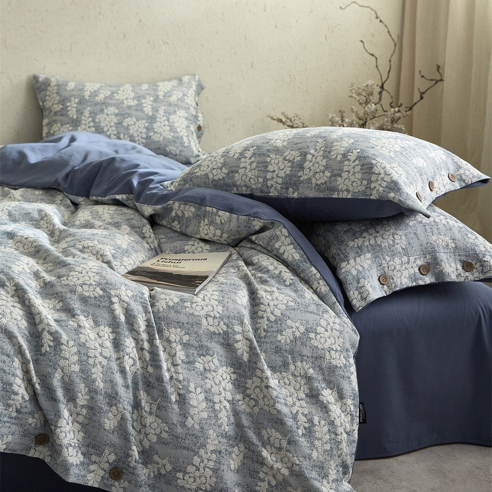Bedding set – cotton-linen mix with fine flower relief and button placket — product view 3