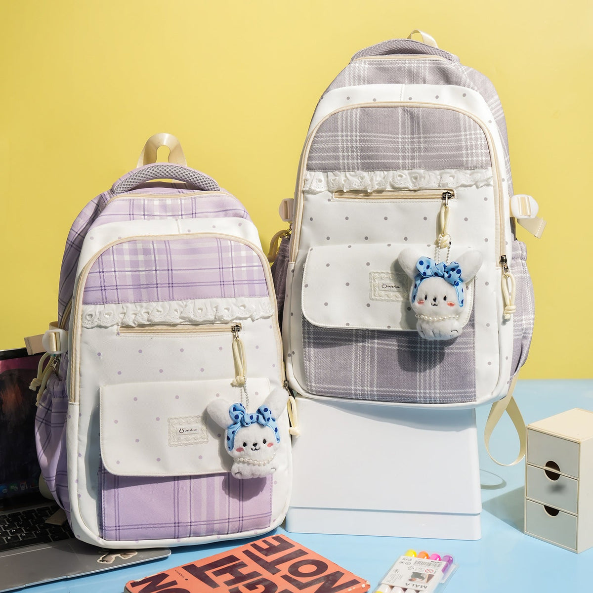 Plaid Patterned School Backpack with Cute Bunny Keychain LoungeYard — product view 3