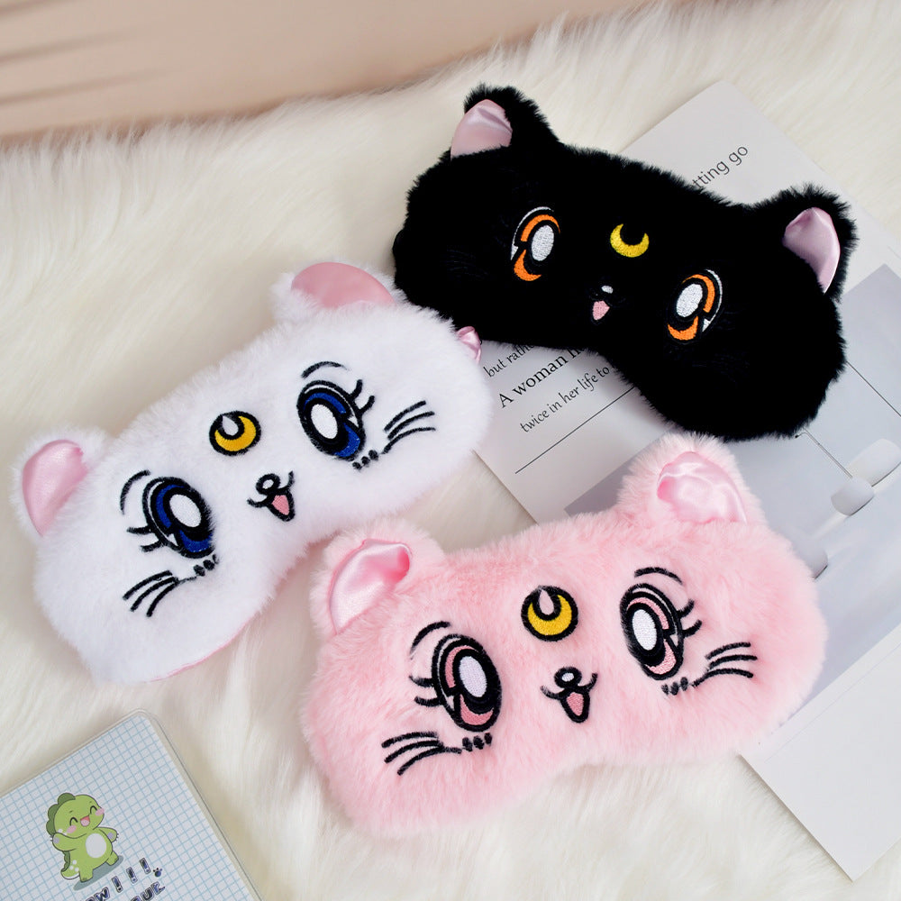 Women's fluffy sleep mask with embroidered cat design and soft comfort ears LoungeYard — product view 5