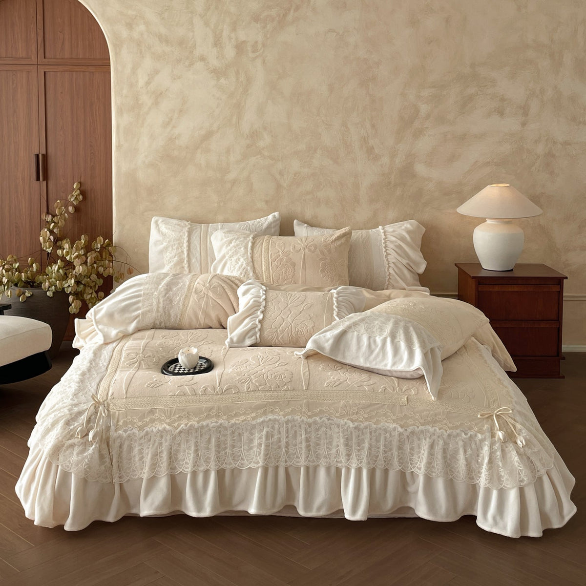 Luxury bedding set with quilted coverlet, lace ruffle, and decorative bed skirt — product view 7