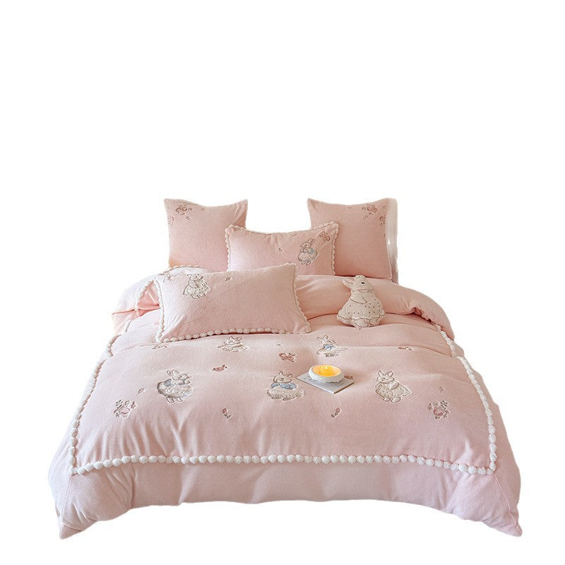Cute cotton bedding set with embroidered bunny appliqués and pom-pom trim — product view 5