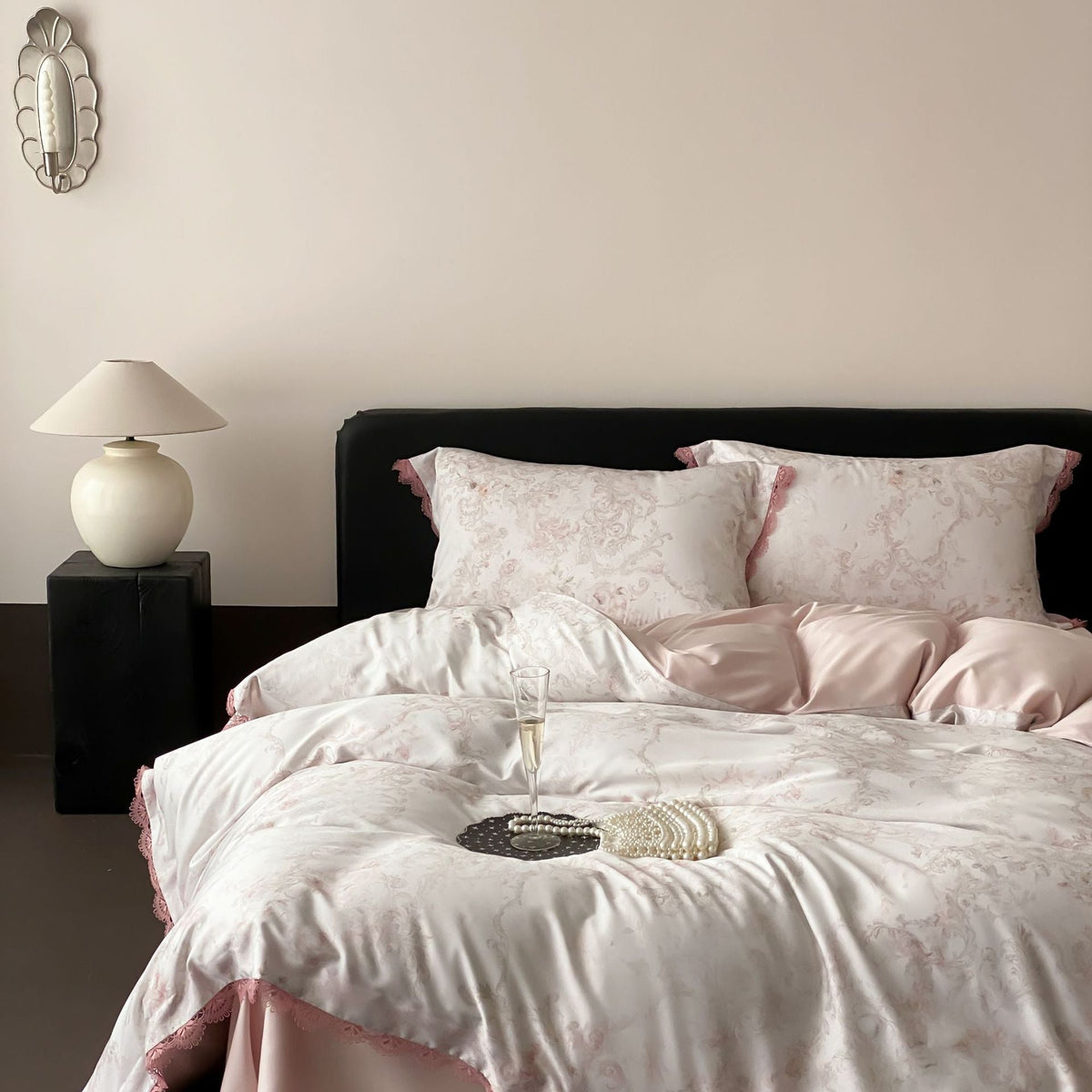 Luxury Satin Bed Linen Set with Floral Silk Look and Lace Trim — product view 3