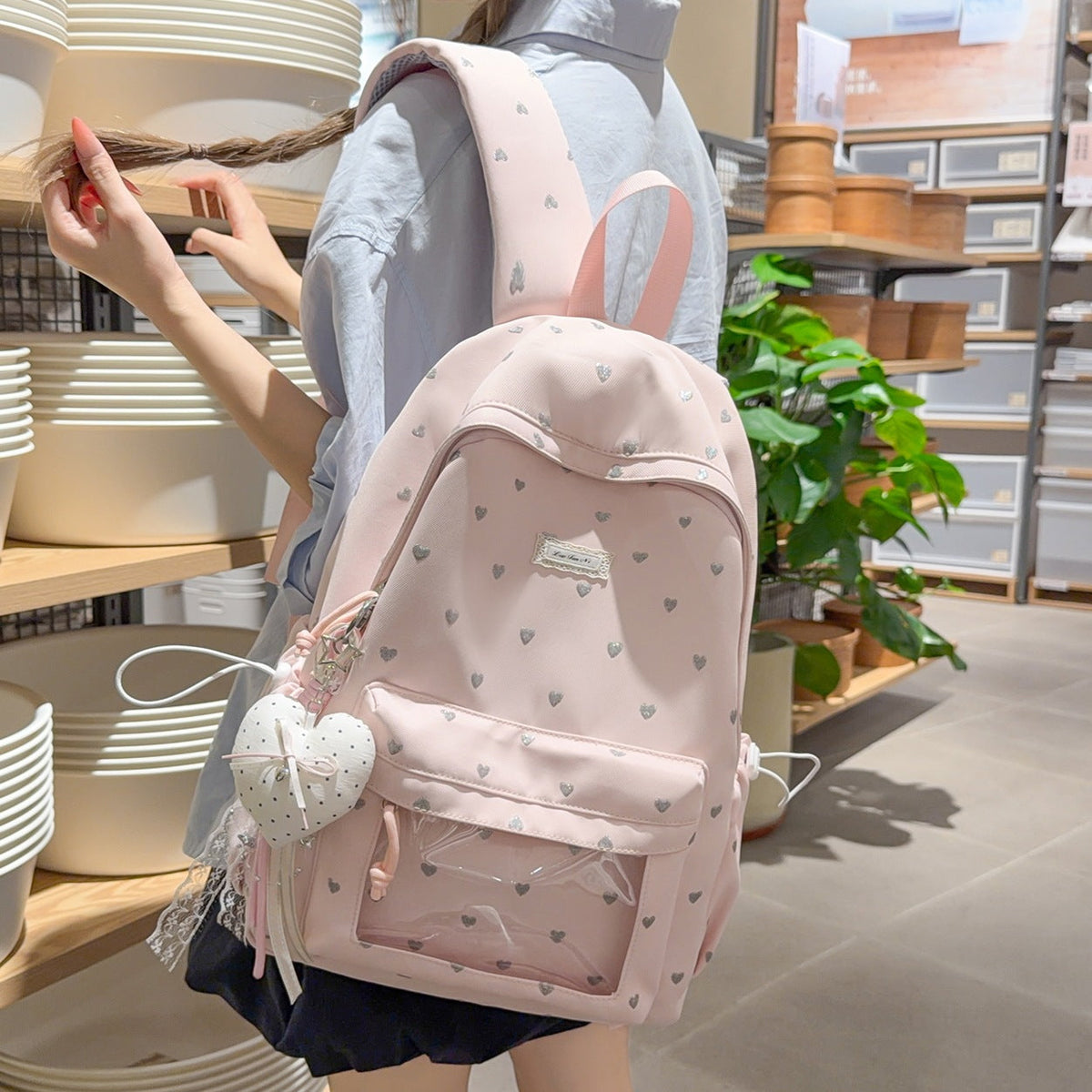 Heart-Print Stylish Backpack LoungeYard — product view 1