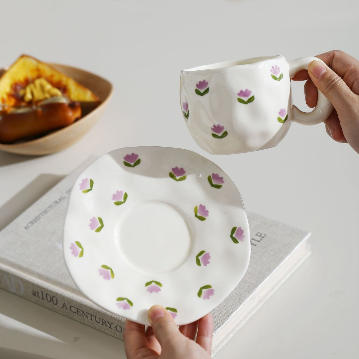 Ceramic mug with hand-painted tulip pattern and organic shape — product view 4