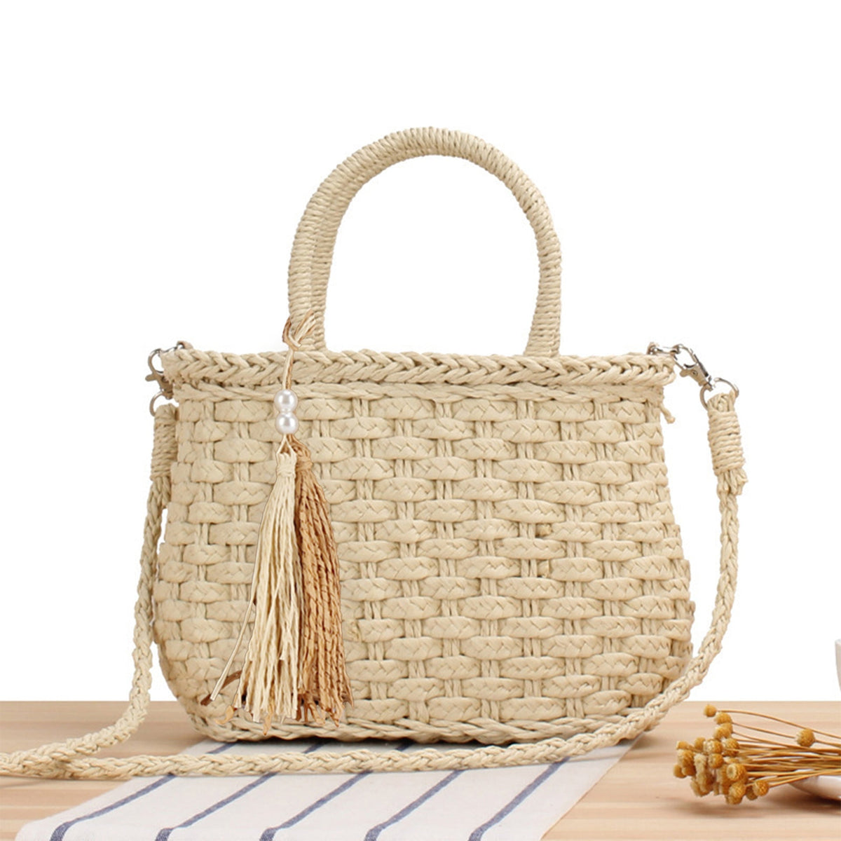 Braided tote bag with playful tassel detail LoungeYard — product view 6