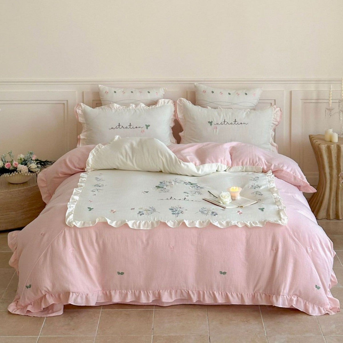 Bedding set with ruffles, embroidered middle cover and delicate flower application — product view 6
