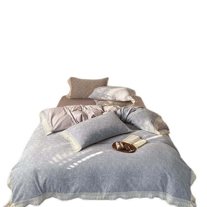 Reversible cotton satin bedding set with fine jacquard structure and lace trim — product view 5