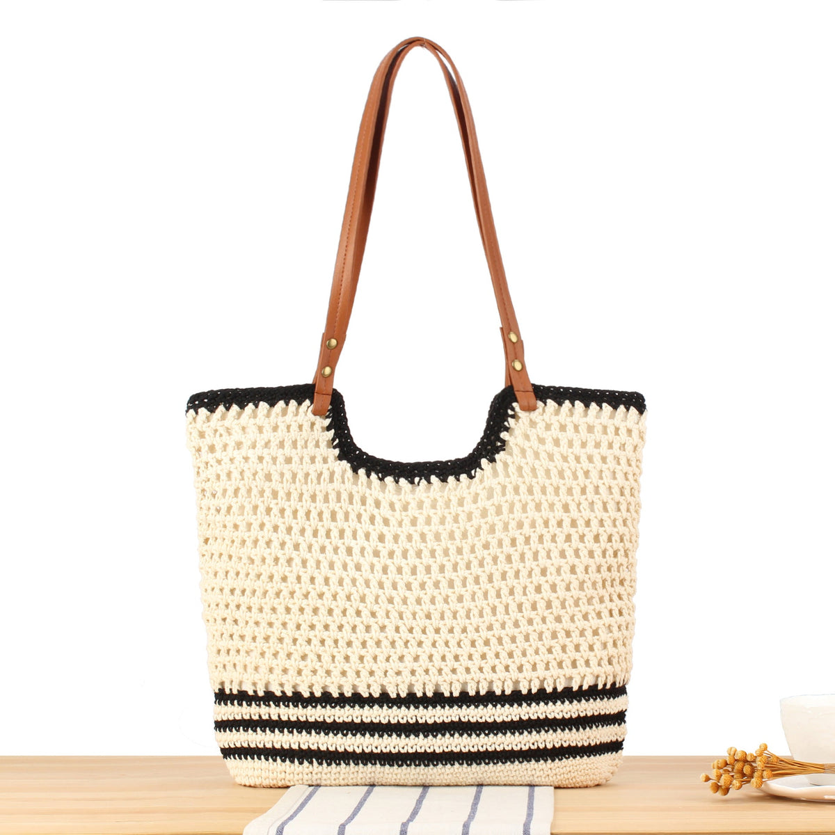 Stylish Macrame Tote Bag with Sturdy Leather Handles LoungeYard — product view 1