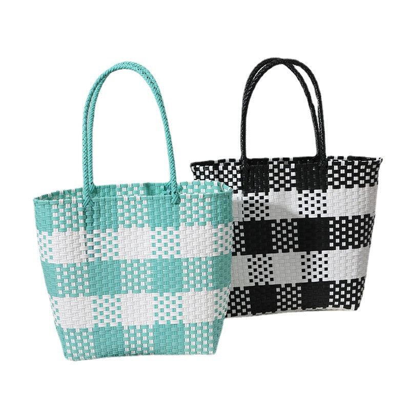 Handmade basket bag in modern check pattern LoungeYard — product view 5