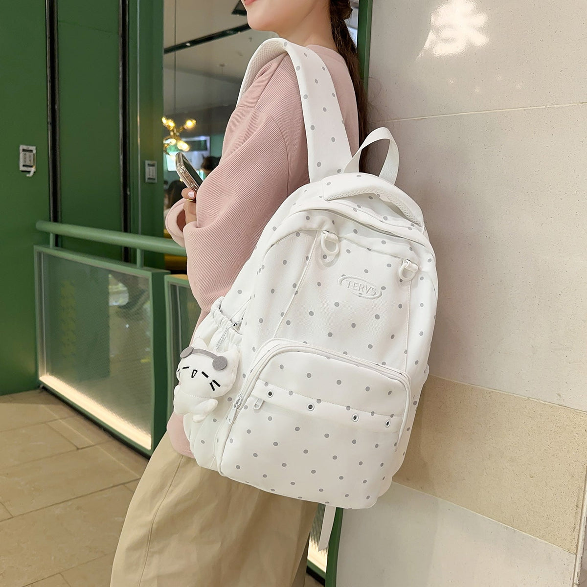 Polka Dot Print Backpack with Accessories LoungeYard — product view 3