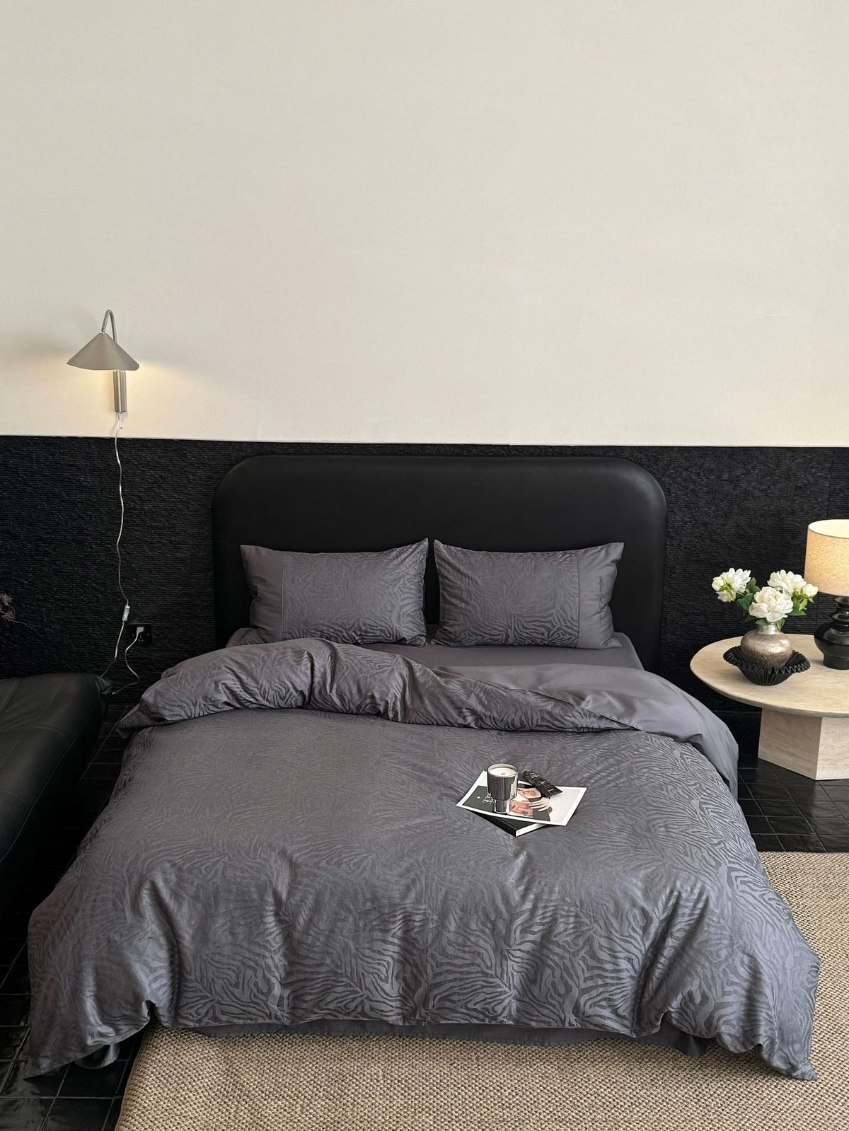 Cotton satin duvet cover set with subtle zebra jacquard texture LoungeYard — product view 6