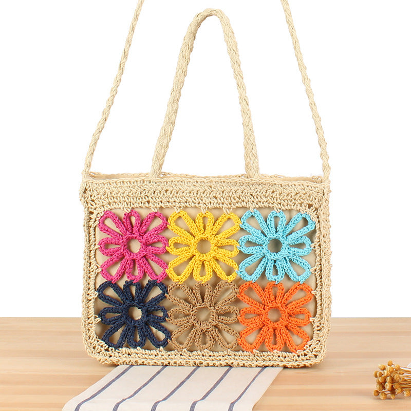 Handcrafted basket bag with colorful flower design LoungeYard — product view 5
