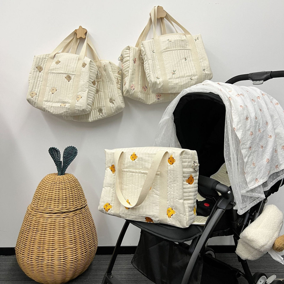 Quilted Baby Diaper Backpack Bag with Embroidered Plush Bear Accents — product view 3