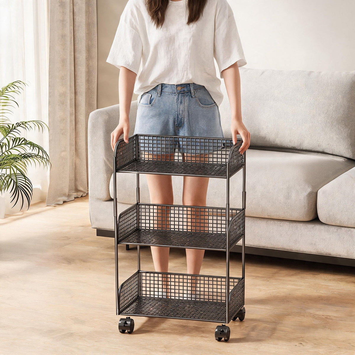 Narrow Mesh Mobile Bookcase with Deep Wire Baskets and Locking Swivel Casters — product view 1
