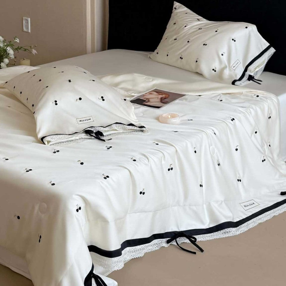 Luxurious cotton satin bedding set with cherry print, lace trim and frill — product view 5
