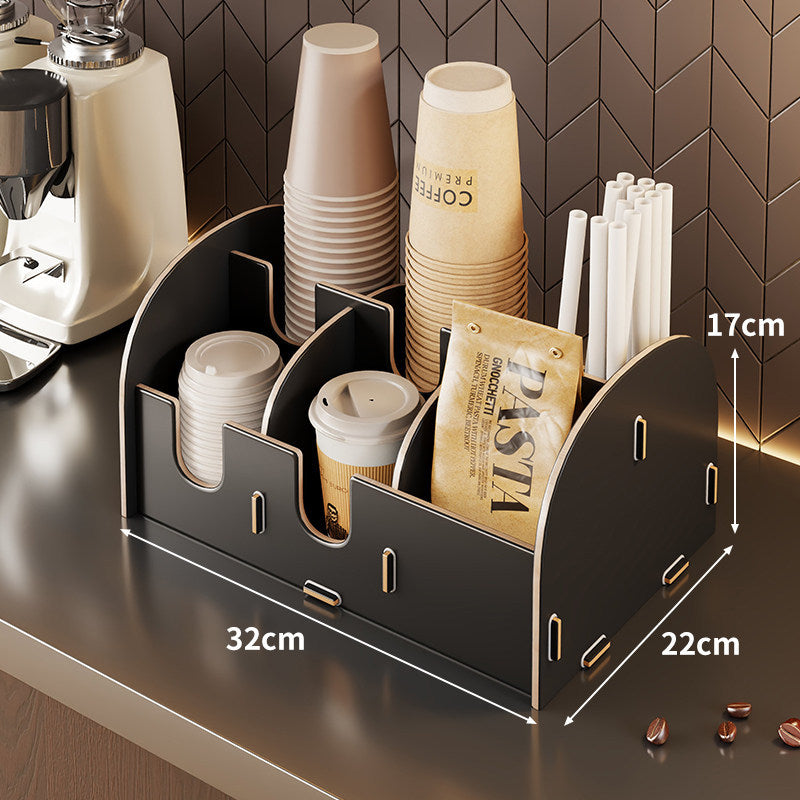 Modular Bamboo Countertop Coffee Station Organizer with Multi-Compartment Cup Lid and Straw Dispensers — product view 7
