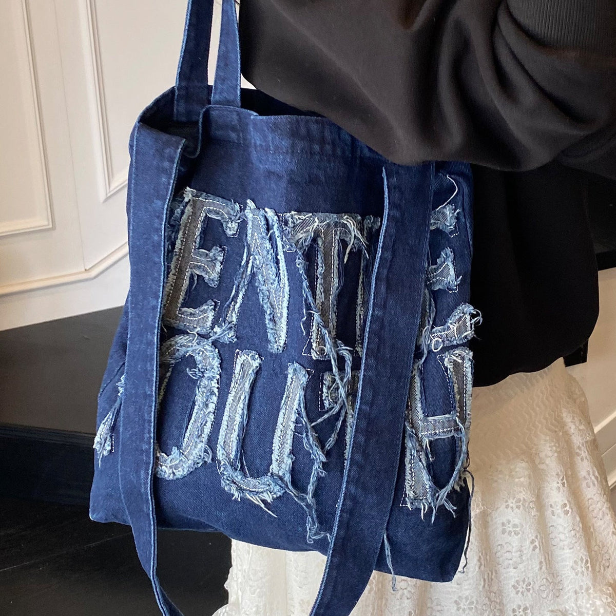 Distressed Denim Graphic Tote Bag — product view 1