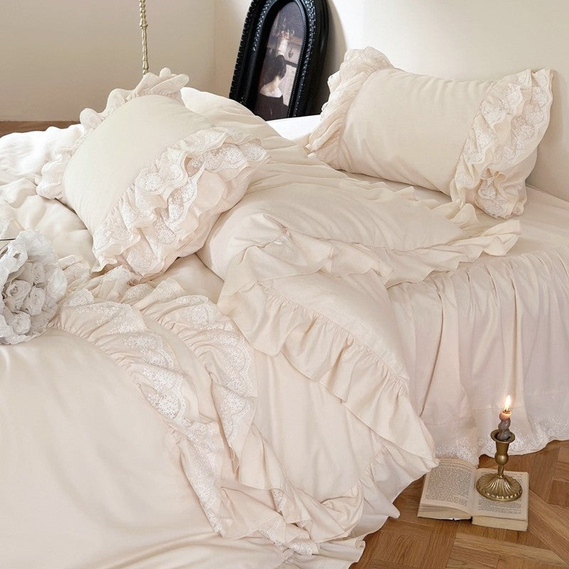 Vintage-inspired bedding set with ruffle trim and lace detailing — product view 4