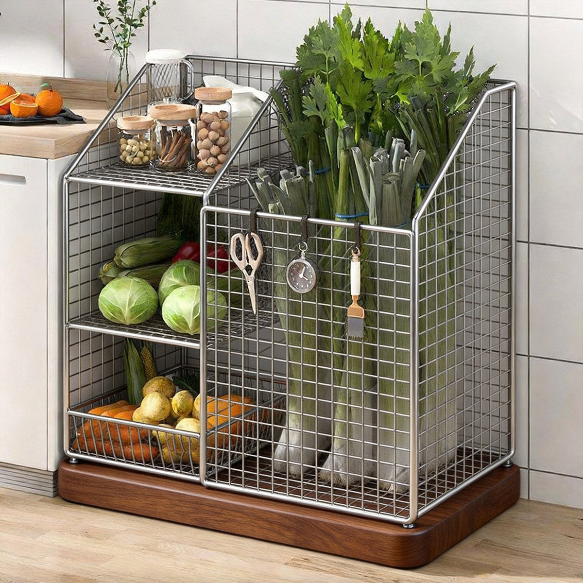 Vertical Mesh Countertop Produce and Pantry Organizer with Two-Tier Shelf and Tall Herb Compartment — product view 1
