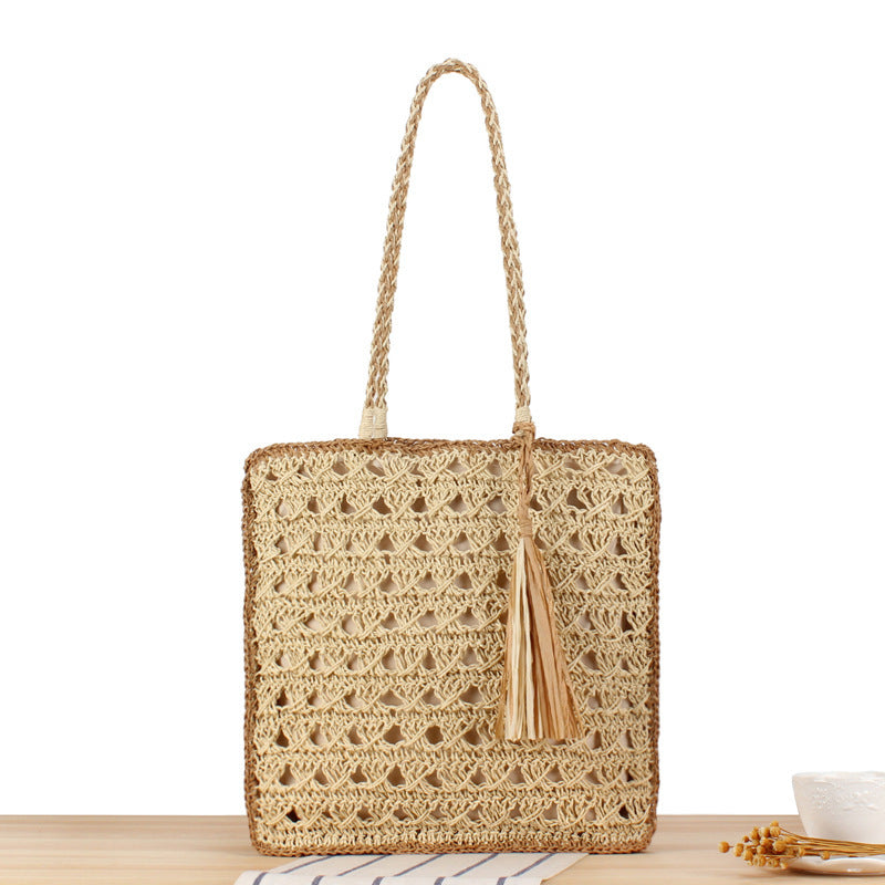Trendy Braided Beach Bag with Tassels and Sturdy Design LoungeYard — product view 5