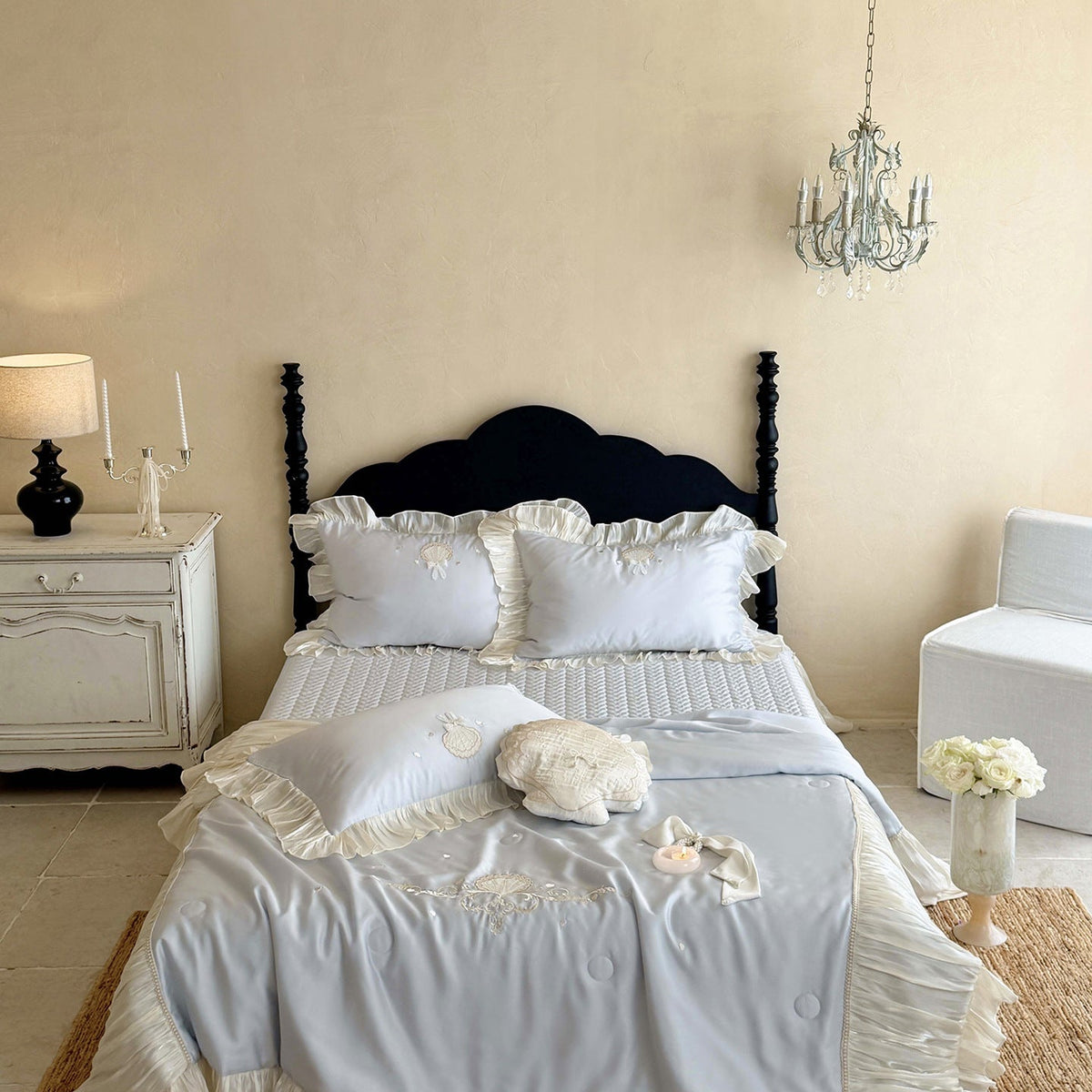 Elegant embroidered satin bedding set with frill pillow and quilted bedspread LoungeYard — product view 7