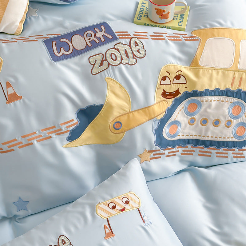 Children's bedding set with embroidered digger and construction site application made of fine cotton satin LoungeYard — product view 3