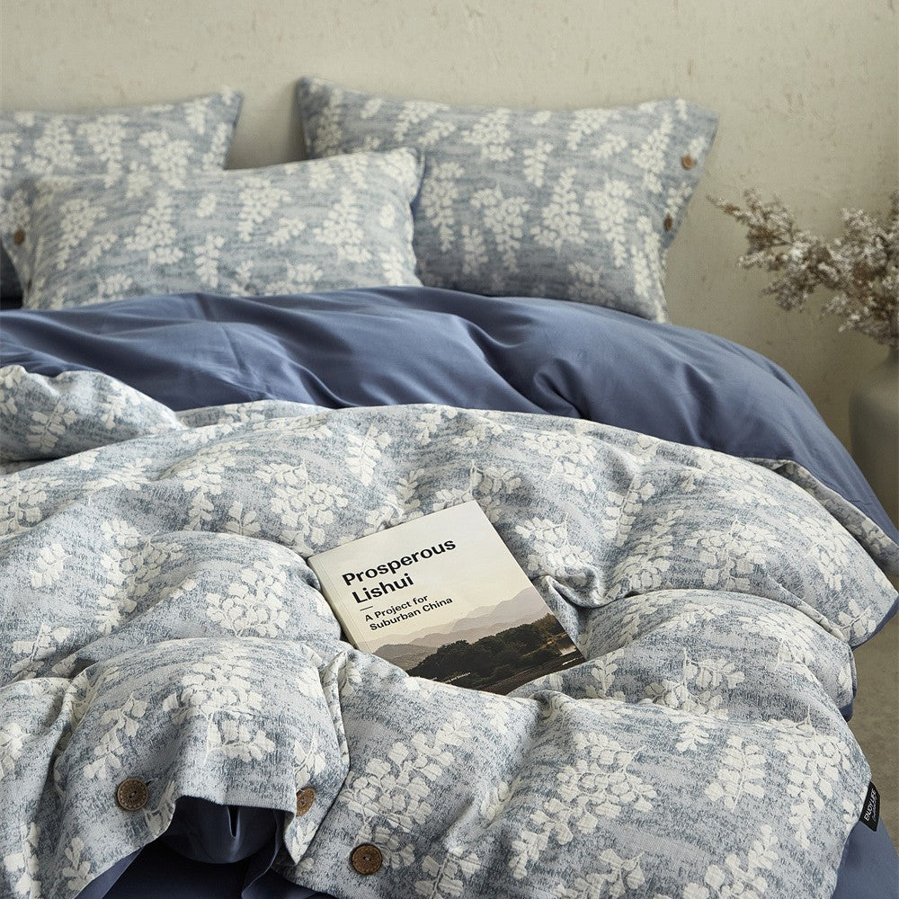Bedding set – cotton-linen mix with fine flower relief and button placket — product view 2