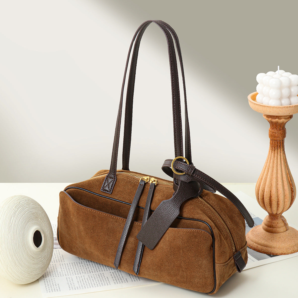 Suede Barrel Shoulder Bag with Top-Zip, Front Slip Pocket & Leather Trim — product view 4