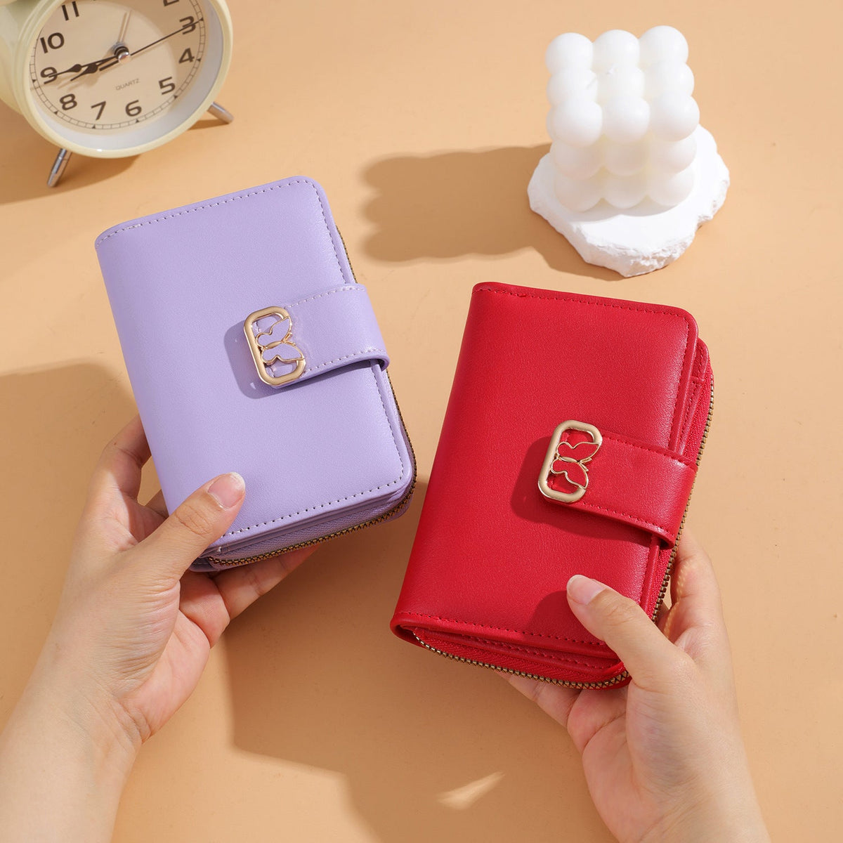 Compact Zip-Around Faux Leather Long Wallet with Butterfly Clasp LoungeYard — product view 3
