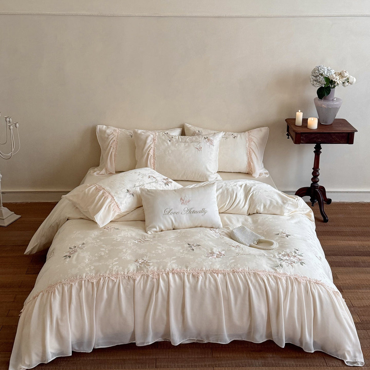 Romantic satin bedding set with embroidered floral design, ruffle and pillowcases — product view 6