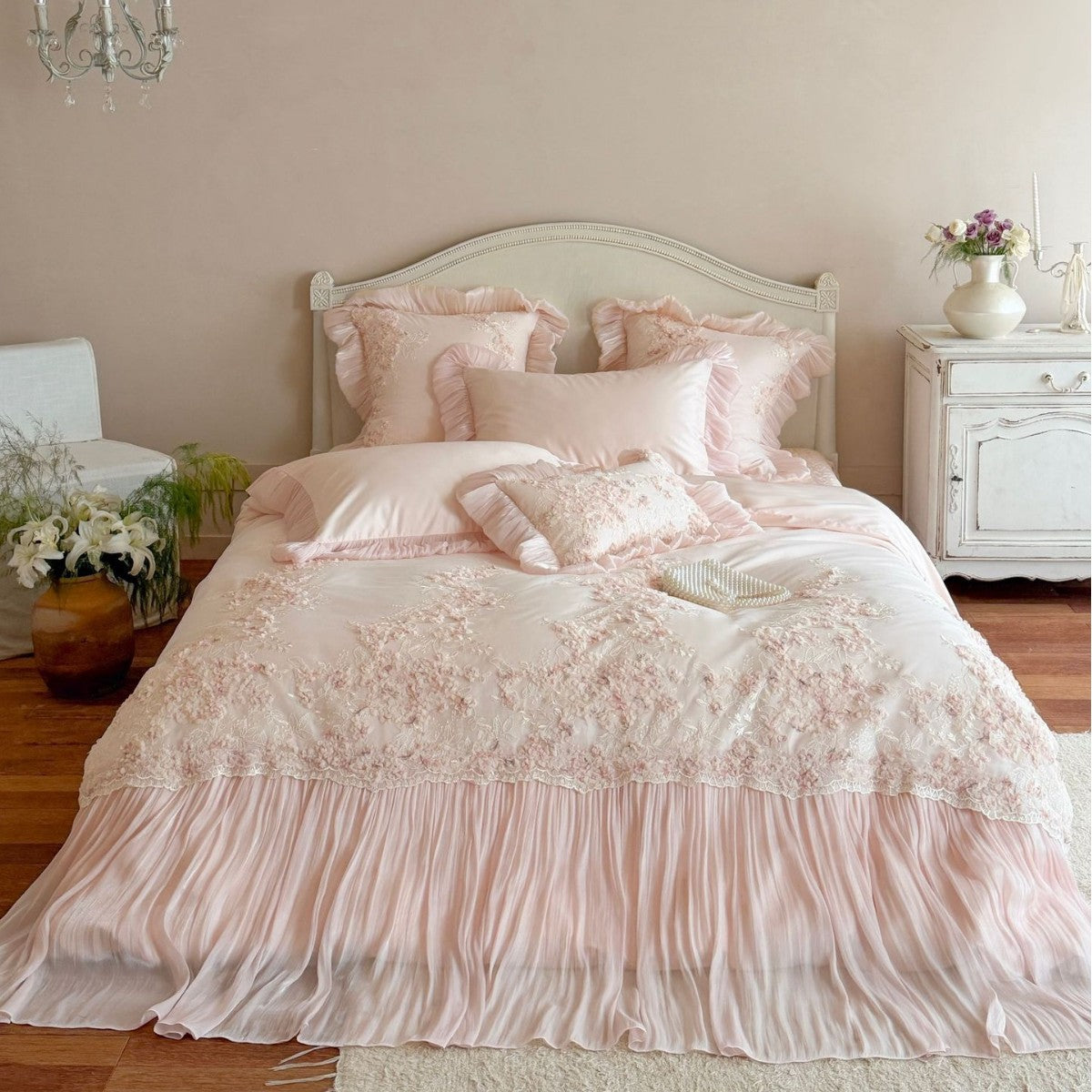 Luxurious romantic bedding set with ruffles, lace appliqué, and 3D floral embroidery — product view 3