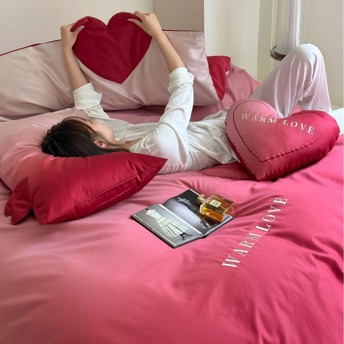 Reversible cotton satin bedding set with heart appliqué and embroidery motif LoungeYard — product view 2