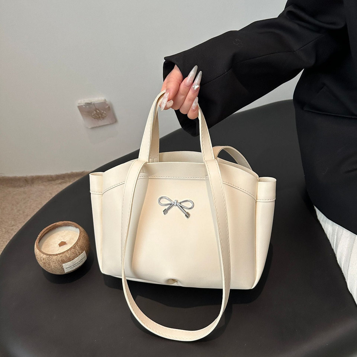Elegant Bow Accent Handheld Tote Bag LoungeYard — product view 2