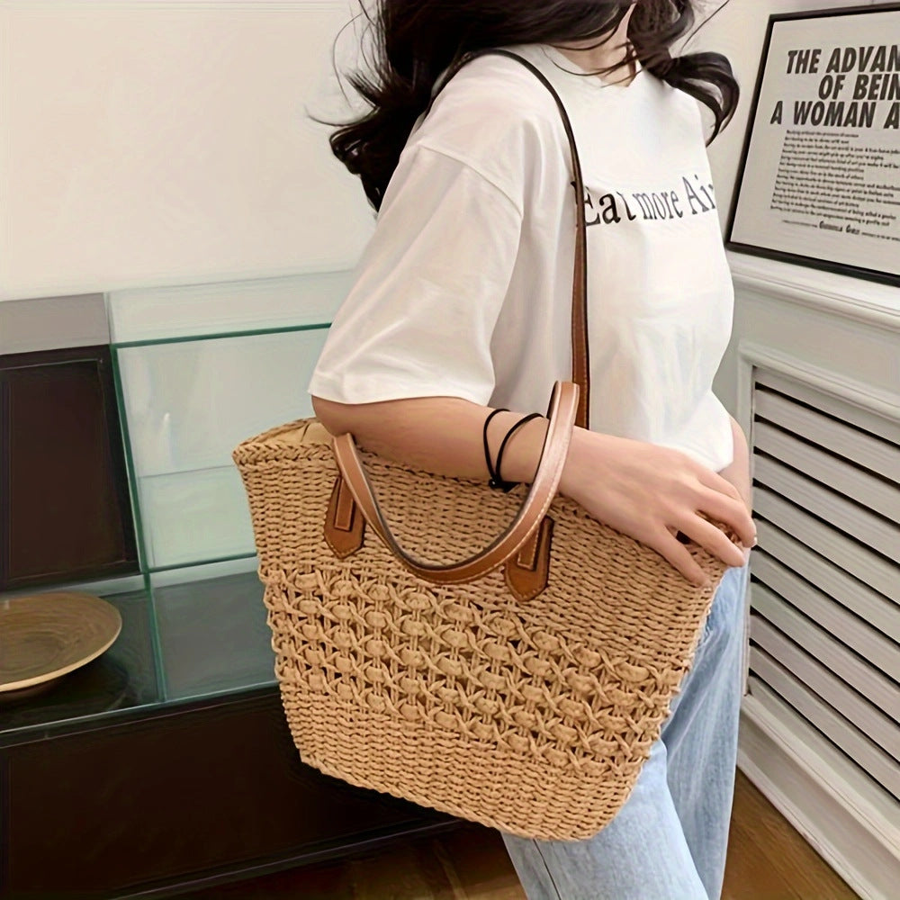 Natural basket bag with elegant leather handles LoungeYard — product view 3