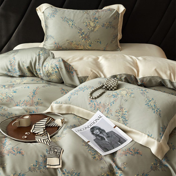 Luxurious satin bedding set with geometric jacquard pattern and satin trim LoungeYard — product view 3