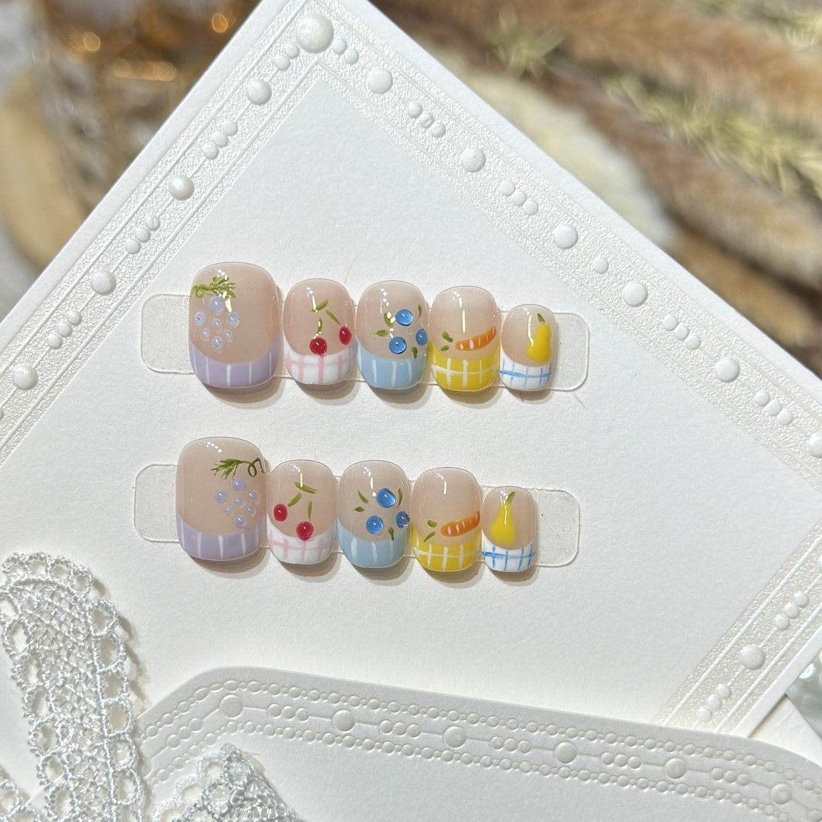 Artistic Press-On Nail Set with Fruit Pattern Designs — product view 1