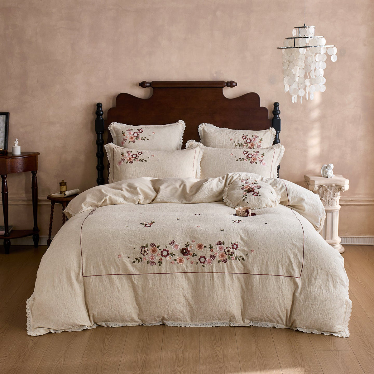 Romantic bedding set made of cotton-linen with floral embroidery and wavy hem — product view 4