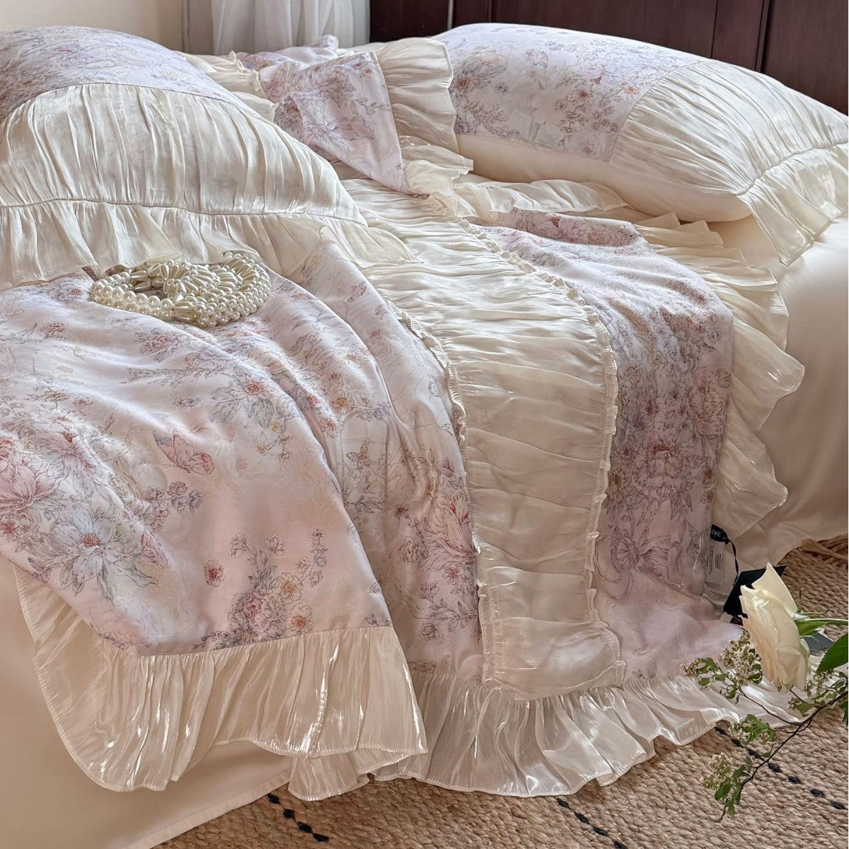 Satin bedding set in vintage look with ruffle and floral jacquard LoungeYard — product view 3