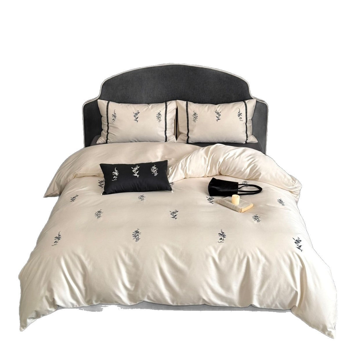 Luxurious satin bed linen set with fine floral embroidery LoungeYard — product view 5