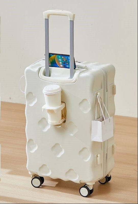 hard-shell carry-on suitcase with integrated foldable cup holder phone cradle USB charging port and external bag hooks LoungeYard — product view 4