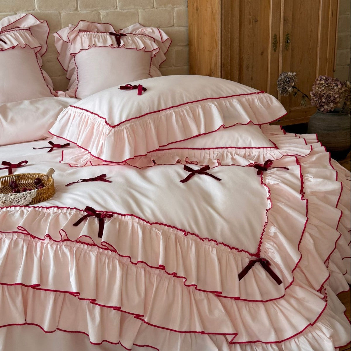 Romantic bedding set with ruffles, frills, and decorative bows — product view 2