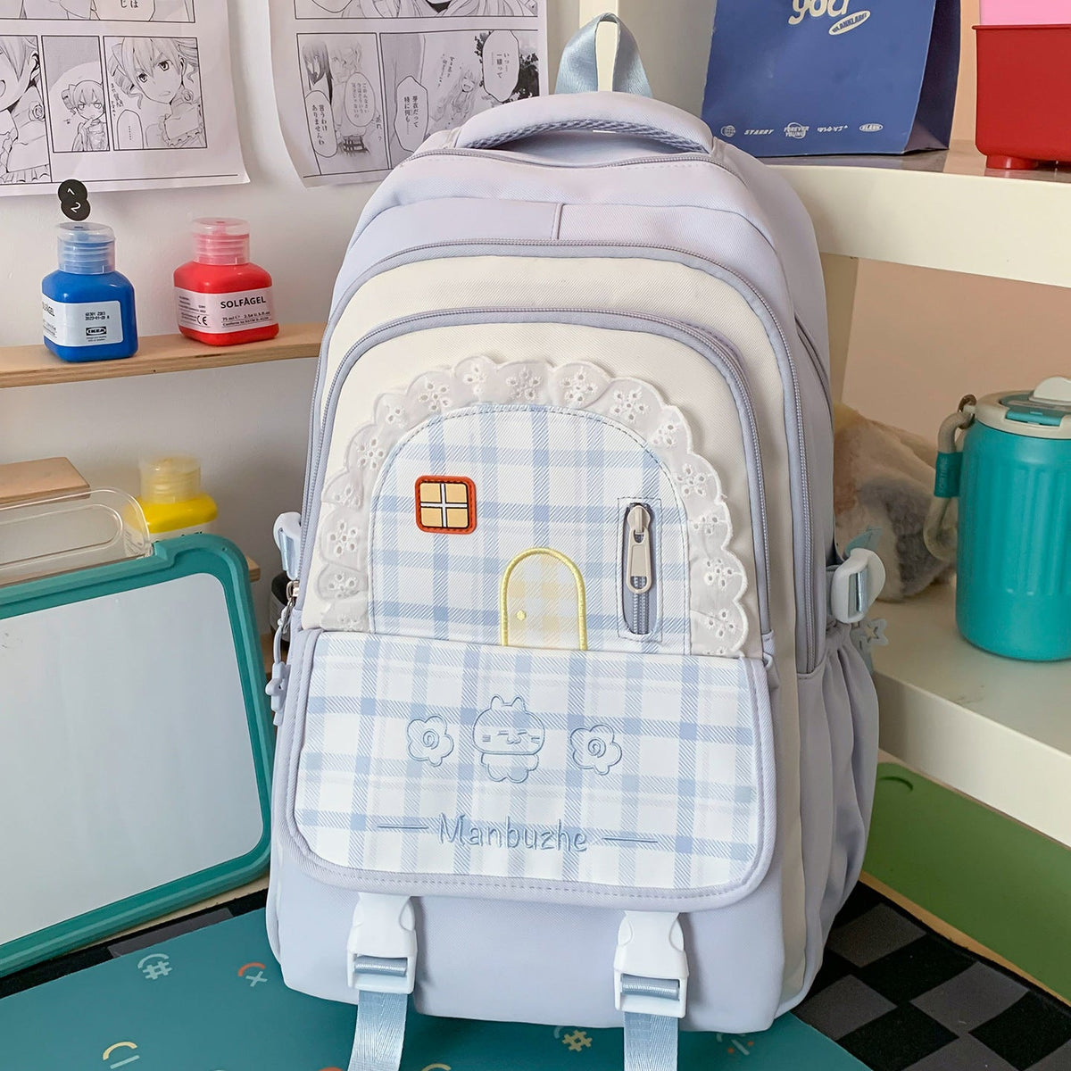 Cute Decorative Checkered School Backpack LoungeYard — product view 7
