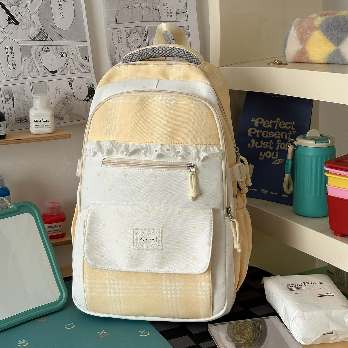 Plaid Patterned School Backpack with Cute Bunny Keychain LoungeYard — product view 6