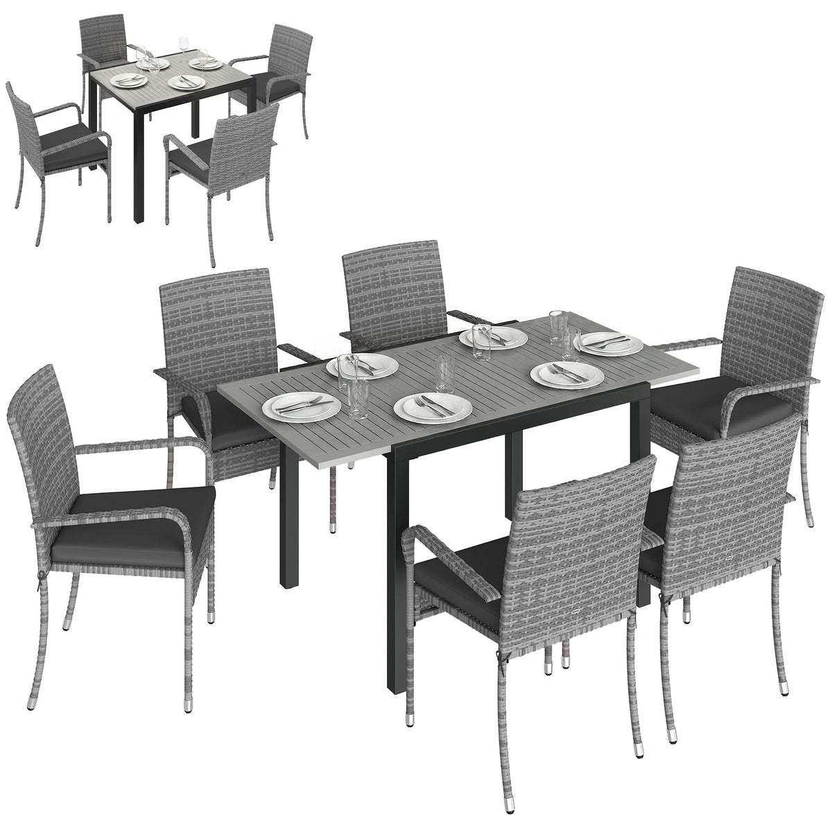 7-Piece Rattan Dining Set with Extendable Acacia Table and 6 Cushioned Chairs — product view 1