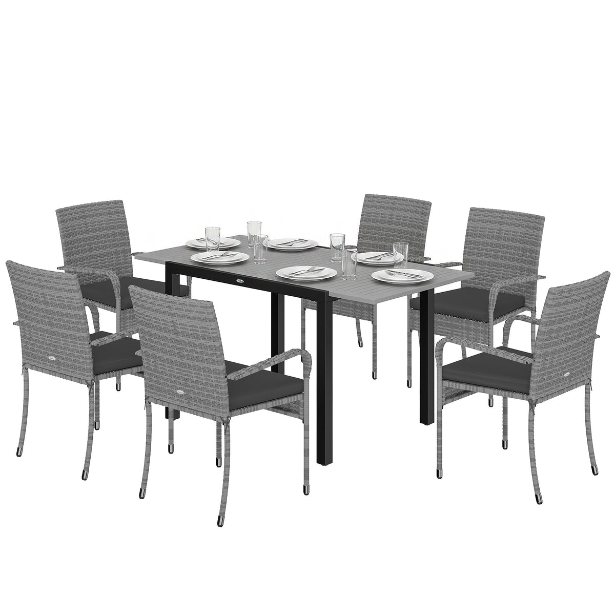 7-Piece Rattan Dining Set with Extendable Acacia Table and 6 Cushioned Chairs — product view 2